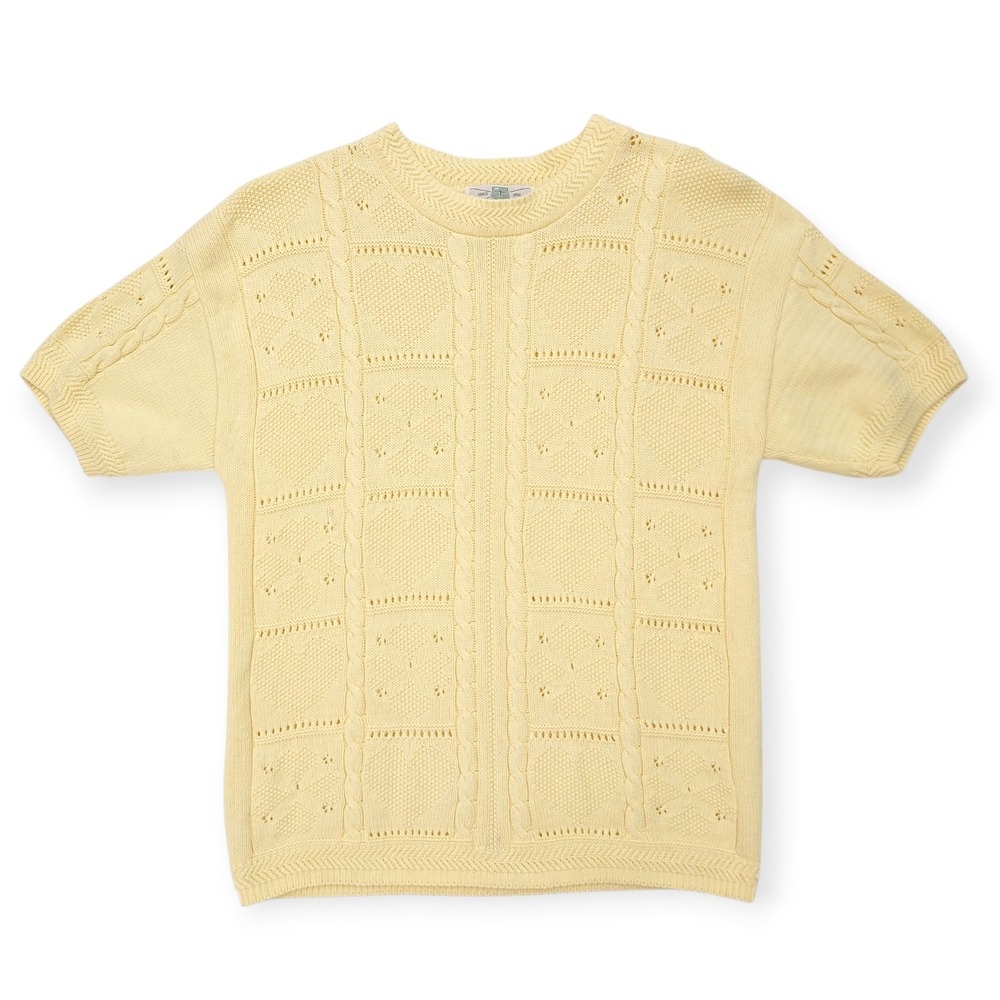 Vintage Orvis Womens XL Yellow Cotton Short Sleeve Cable Knit Sweater USA Made